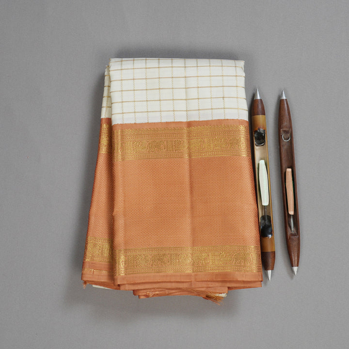 Hayagrivas Pristine White Handloom Kanjivaram Silk Saree with Chocolate Brown Border KBD1662A2-1