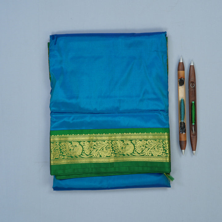Hayagrivas Handloom Ananda Blue Ten Yards Silk Saree with Green Border KBD1665A2-9