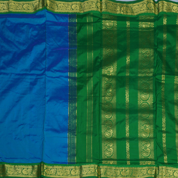 Hayagrivas Handloom Ananda Blue Ten Yards Silk Saree with Green Border KBD1665A2-9