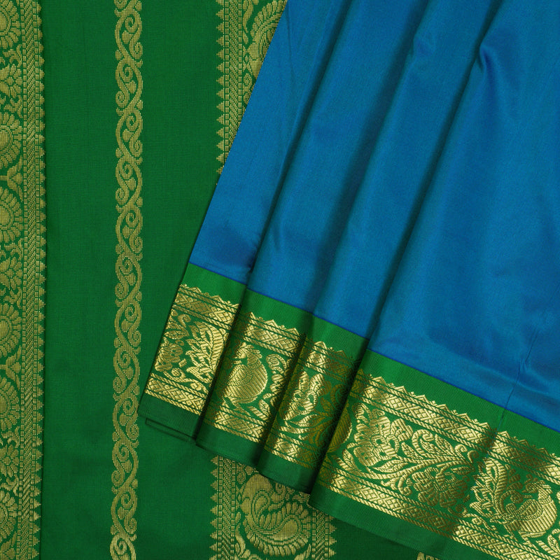 Hayagrivas Handloom Ananda Blue Ten Yards Silk Saree with Green Border KBD1665A2-9