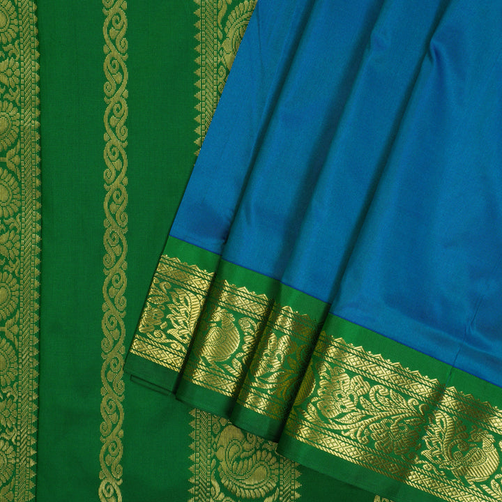 Hayagrivas Handloom Ananda Blue Ten Yards Silk Saree with Green Border KBD1665A2-9