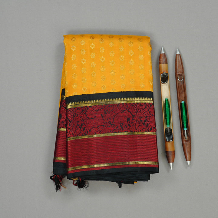 Hayagrivas Mango Yellow Handloom Kanjivaram Silk Saree with Black Border KBD1667A2-1