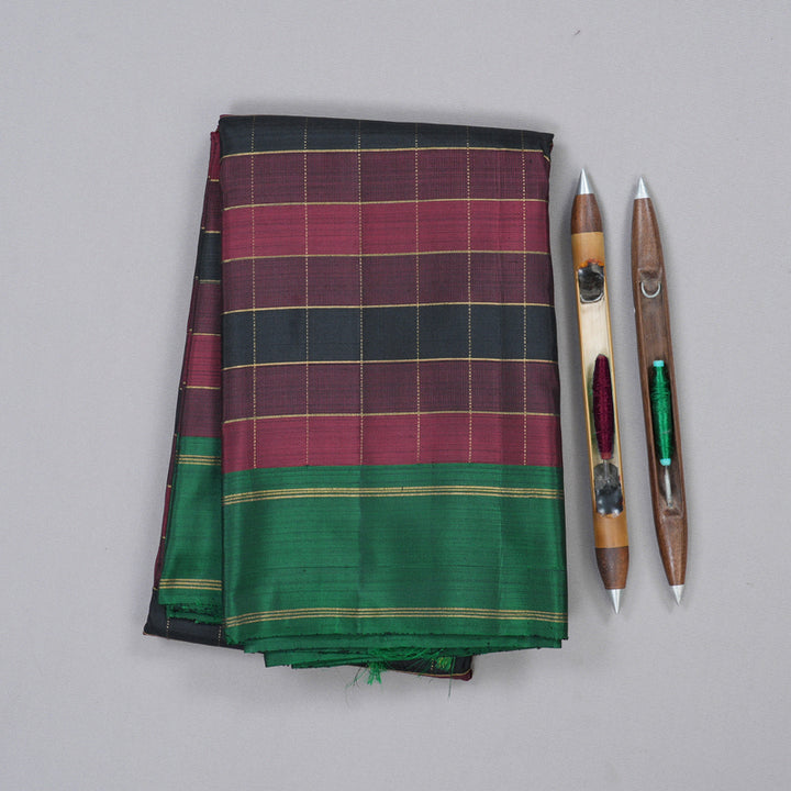 Hayagrivas Handloom Kanjivaram Silk Saree in Maroon with Black Checks KBD1668A7-1