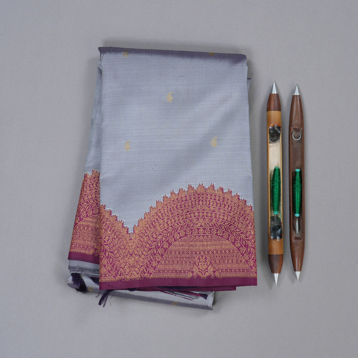 Hayagrivas Grey Handloom Kanjivaram Silk Saree with Purple Border KBD1670A2-1