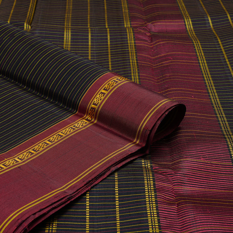 Hayagrivas Black Handloom Kanjivaram Silk Saree with Ganga Jamuna (Maroon And Fenugreek) Border KBD1675A1-1