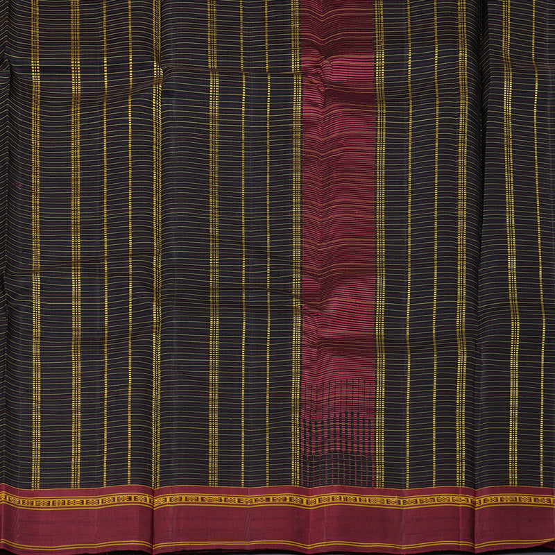 Hayagrivas Black Handloom Kanjivaram Silk Saree with Ganga Jamuna (Maroon And Fenugreek) Border KBD1675A1-1