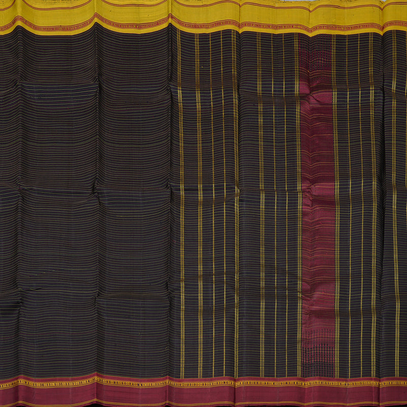 Hayagrivas Black Handloom Kanjivaram Silk Saree with Ganga Jamuna (Maroon And Fenugreek) Border KBD1675A1-1