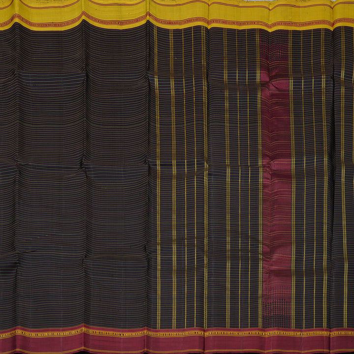 Hayagrivas Black Handloom Kanjivaram Silk Saree with Ganga Jamuna (Maroon And Fenugreek) Border KBD1675A1-1