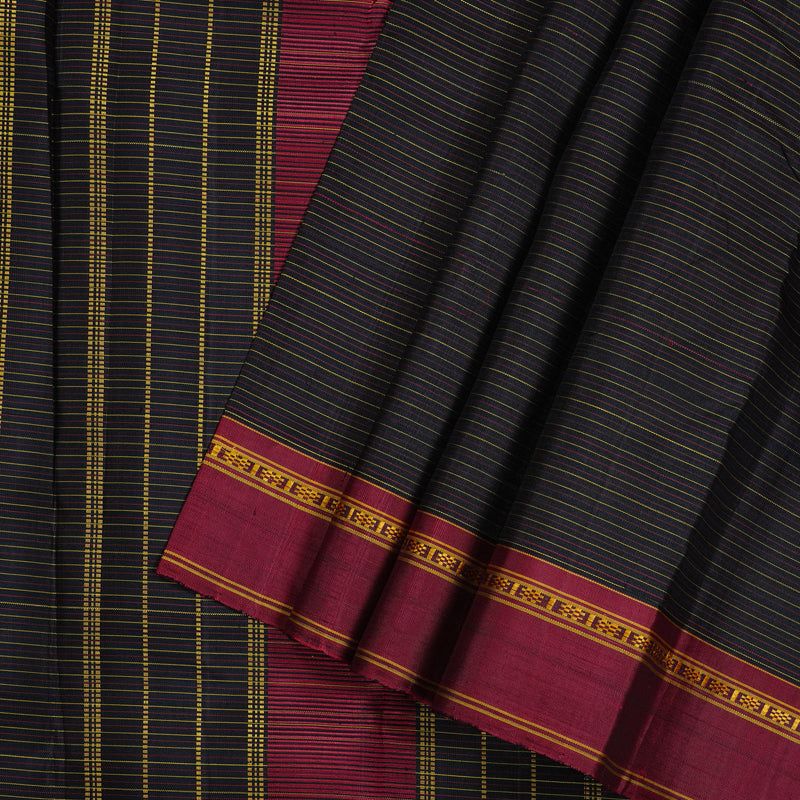 Hayagrivas Black Handloom Kanjivaram Silk Saree with Ganga Jamuna (Maroon And Fenugreek) Border KBD1675A1-1