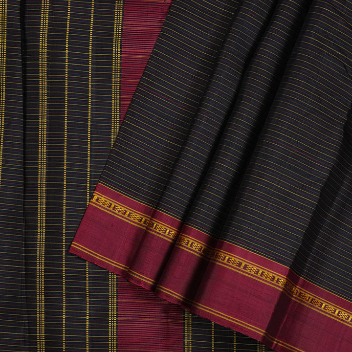 Hayagrivas Black Handloom Kanjivaram Silk Saree with Ganga Jamuna (Maroon And Fenugreek) Border KBD1675A1-1