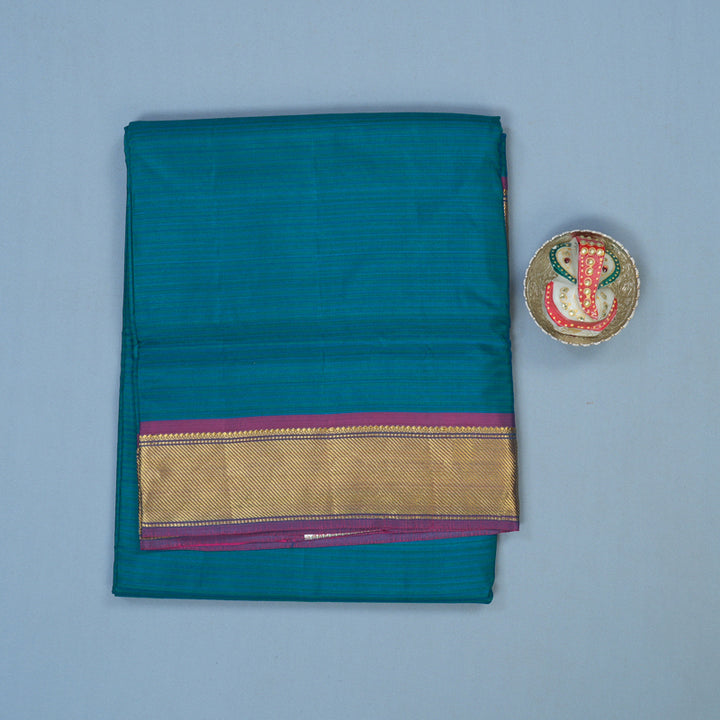 Hayagrivas Handloom Blue-Green Ten Yards Silk Saree with Purple Border KBD1680A1-11