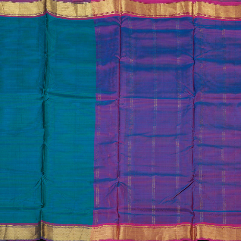 Hayagrivas Handloom Blue-Green Ten Yards Silk Saree with Purple Border KBD1680A1-11
