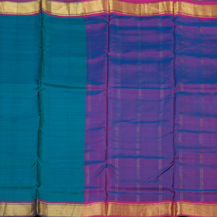 Hayagrivas Handloom Blue-Green Ten Yards Silk Saree with Purple Border KBD1680A1-11