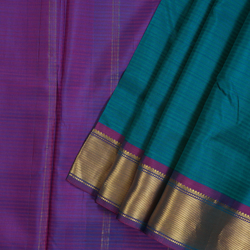 Hayagrivas Handloom Blue-Green Ten Yards Silk Saree with Purple Border KBD1680A1-11