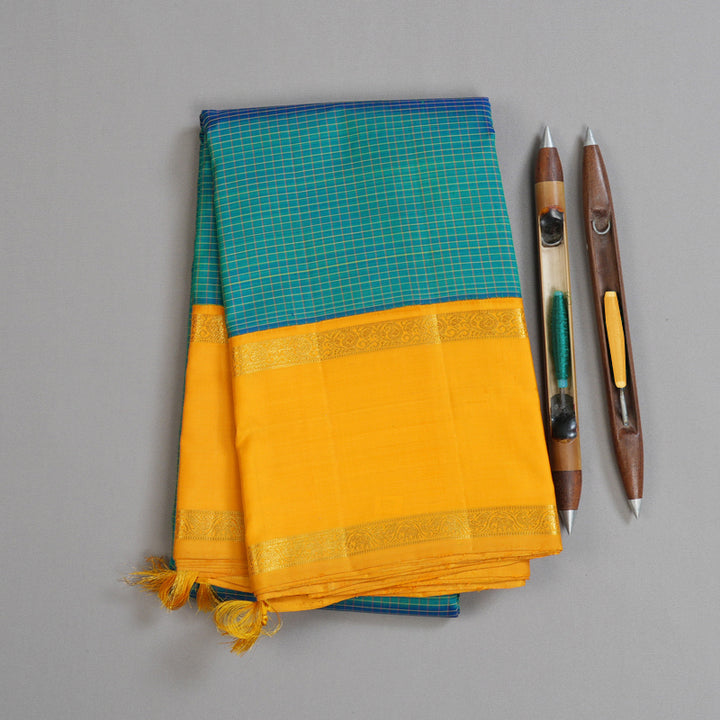 Hayagrivas Striking Peacock Blue Handloom Kanjivaram Silk Saree with Mango Yellow Border KBD1689A1-1