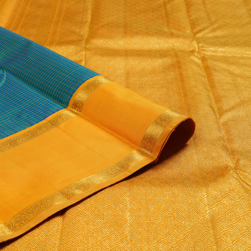 Hayagrivas Striking Peacock Blue Handloom Kanjivaram Silk Saree with Mango Yellow Border KBD1689A1-1