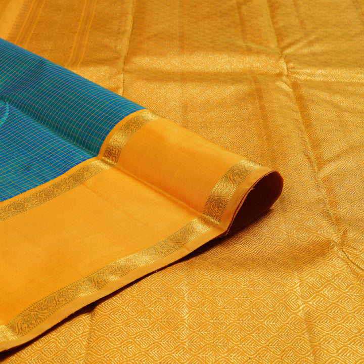 Hayagrivas Striking Peacock Blue Handloom Kanjivaram Silk Saree with Mango Yellow Border KBD1689A1-1