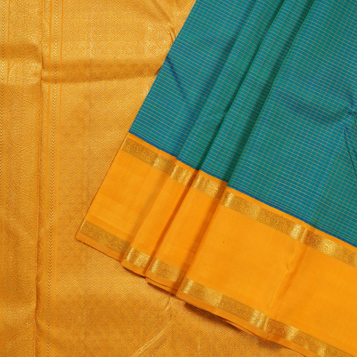 Hayagrivas Striking Peacock Blue Handloom Kanjivaram Silk Saree with Mango Yellow Border KBD1689A1-1