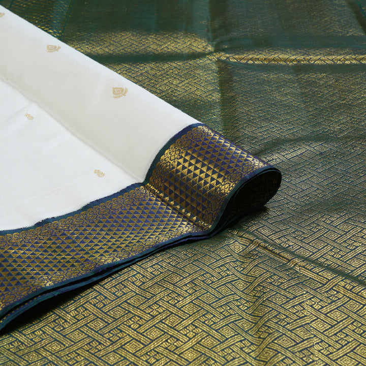 Hayagrivas Pristine White Handloom Kanjivaram Silk Saree with Peacock Blue Border KBD1691A12-1