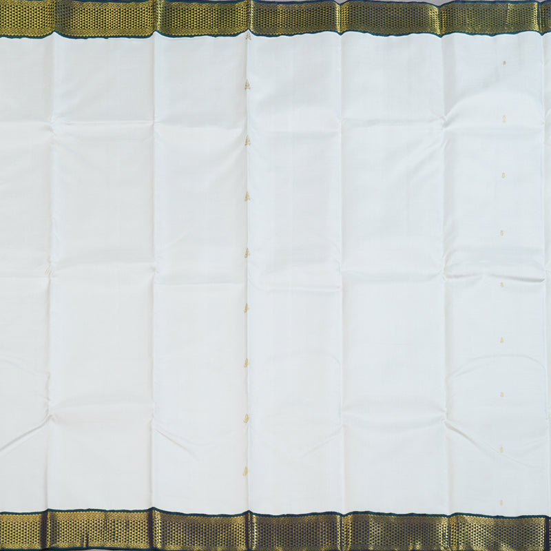 Hayagrivas Pristine White Handloom Kanjivaram Silk Saree with Peacock Blue Border KBD1691A12-1