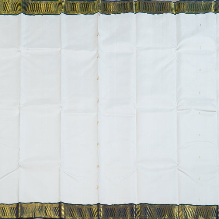 Hayagrivas Pristine White Handloom Kanjivaram Silk Saree with Peacock Blue Border KBD1691A12-1