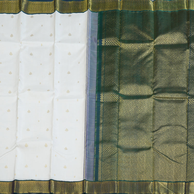 Hayagrivas Pristine White Handloom Kanjivaram Silk Saree with Peacock Blue Border KBD1691A12-1