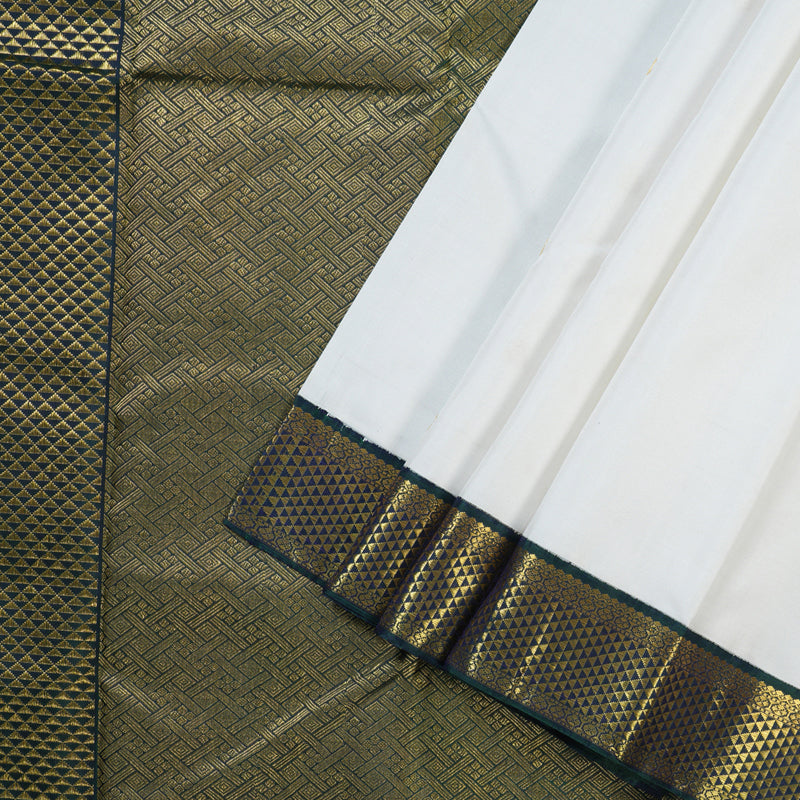 Hayagrivas Pristine White Handloom Kanjivaram Silk Saree with Peacock Blue Border KBD1691A12-1