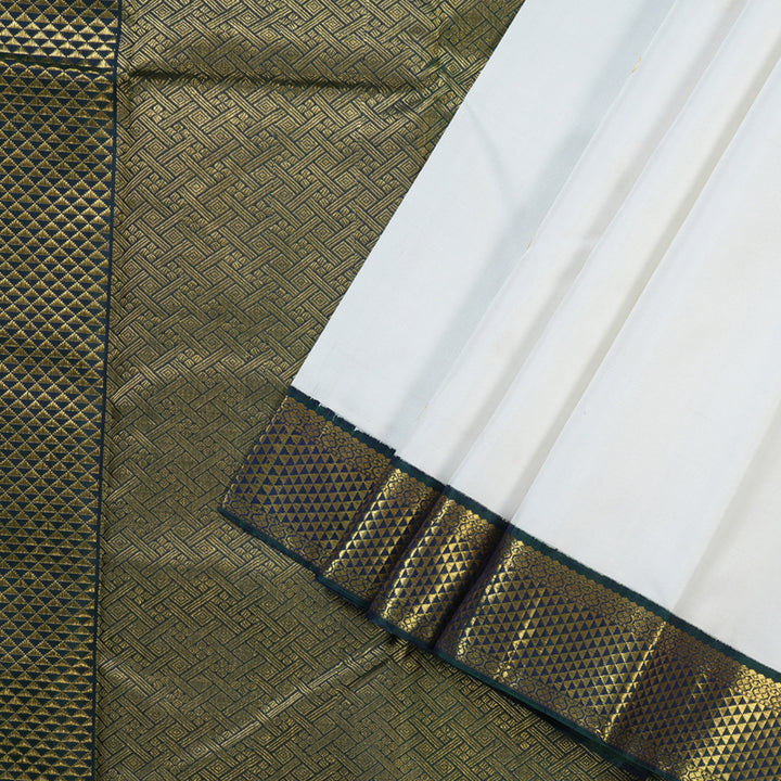 Hayagrivas Pristine White Handloom Kanjivaram Silk Saree with Peacock Blue Border KBD1691A12-1
