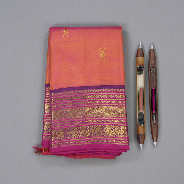 Hayagrivas Orangish Pink Handloom Kanjivaram Silk Saree with Dark Purple Border KBD1691A22-1
