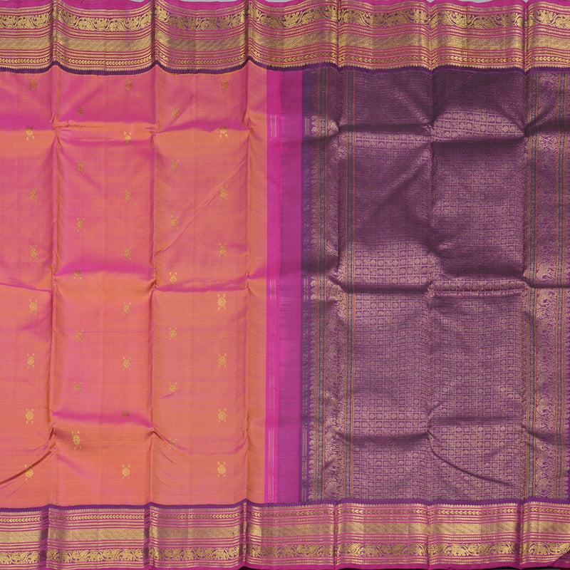 Hayagrivas Orangish Pink Handloom Kanjivaram Silk Saree with Dark Purple Border KBD1691A22-1