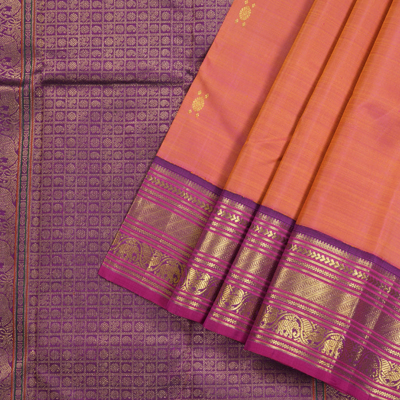 Hayagrivas Orangish Pink Handloom Kanjivaram Silk Saree with Dark Purple Border KBD1691A22-1