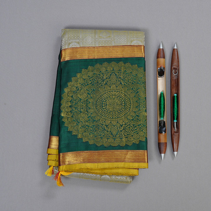 Hayagrivas Beige Handloom Kanjivaram Silk Saree with Bottle Green Border KBD1691A4-1