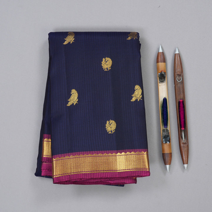 Hayagrivas Dark Blue Handloom Kanjivaram Silk Saree with Purple Border KBD1694A3-8