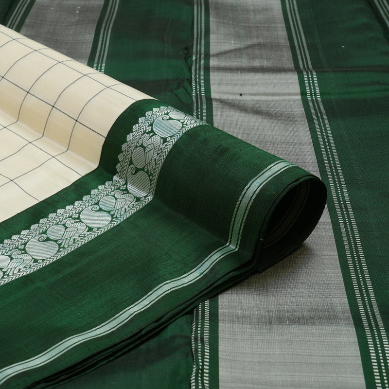 Hayagrivas Handloom Half White Kanjivaram Silk Saree with Bottle Green Border KBD1707A3-2