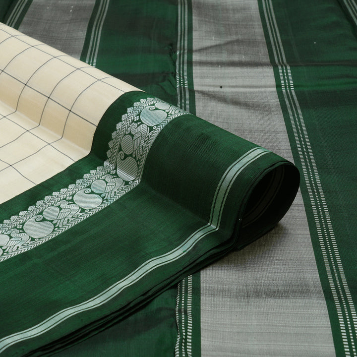 Hayagrivas Handloom Half White Kanjivaram Silk Saree with Bottle Green Border KBD1707A3-2