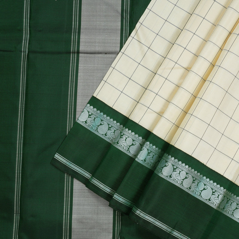 Hayagrivas Handloom Half White Kanjivaram Silk Saree with Bottle Green Border KBD1707A3-2