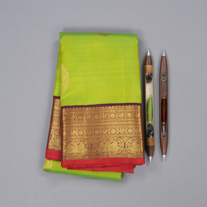 Hayagrivas Fluorescent Green Handloom Kanjivaram Silk Saree with Wine Maroon Border KBD1710A1-3