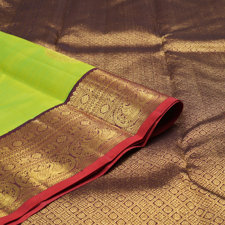 Hayagrivas Fluorescent Green Handloom Kanjivaram Silk Saree with Wine Maroon Border KBD1710A1-3