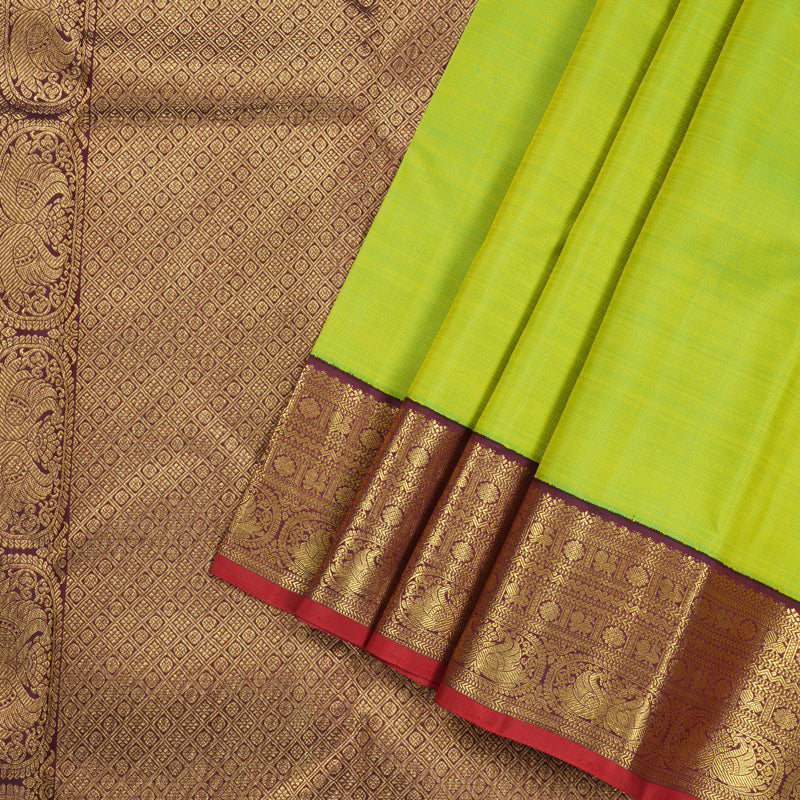 Hayagrivas Fluorescent Green Handloom Kanjivaram Silk Saree with Wine Maroon Border KBD1710A1-3