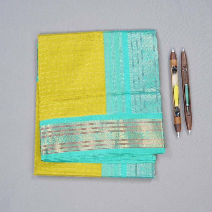 Hayagrivas Handloom Lemon Yellow With Teal Silk Cotton Saree KBD1718A9-6