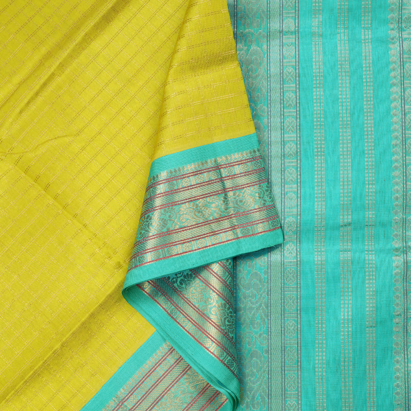 Hayagrivas Handloom Lemon Yellow With Teal Silk Cotton Saree KBD1718A9-6