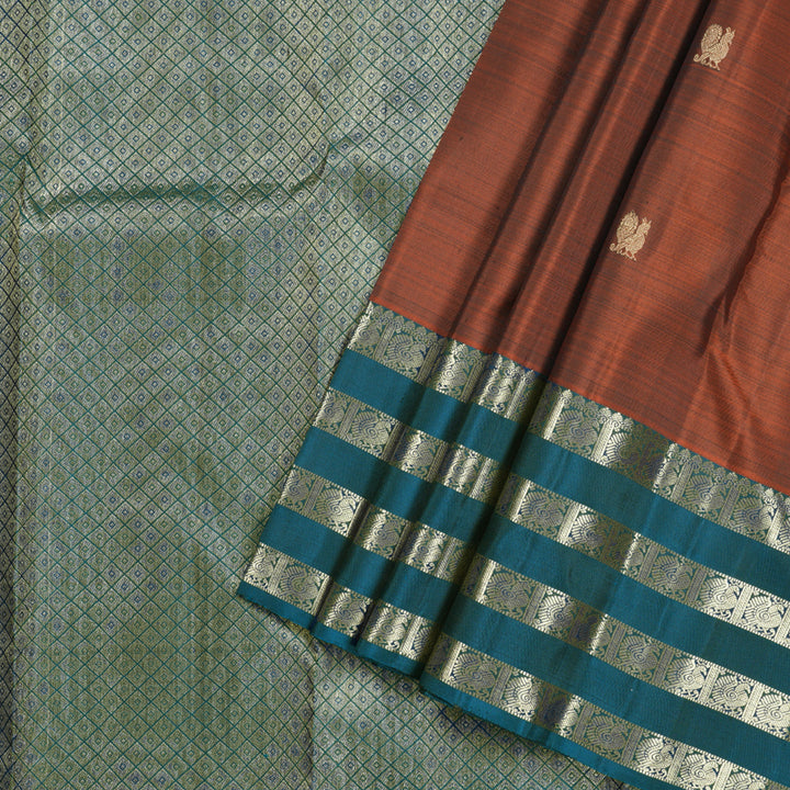 Hayagrivas Burnt Orange Handloom Kanjivaram Silk Saree with Dark Sky Blue Border KBD1725A10-5