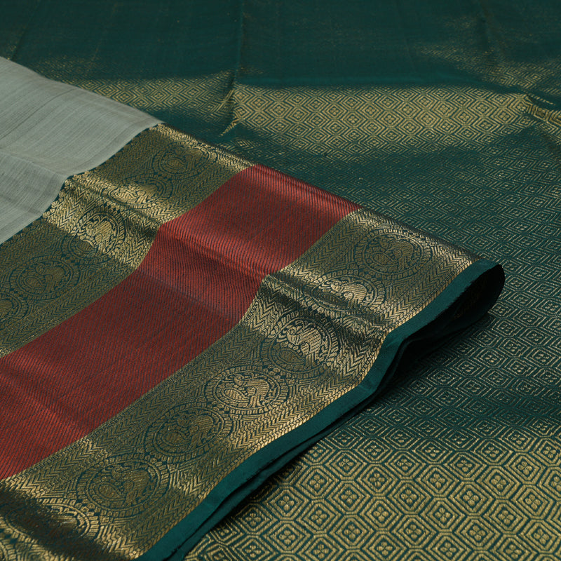 Hayagrivas Grey Handloom Kanjivaram Silk Saree with Teal Green Border KBD1725A12-1