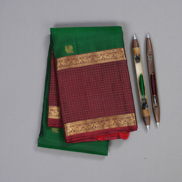 Hayagrivas Bottle Green Handloom Kanjivaram Silk Saree with Wine Maroon Border KBD1725A6-1