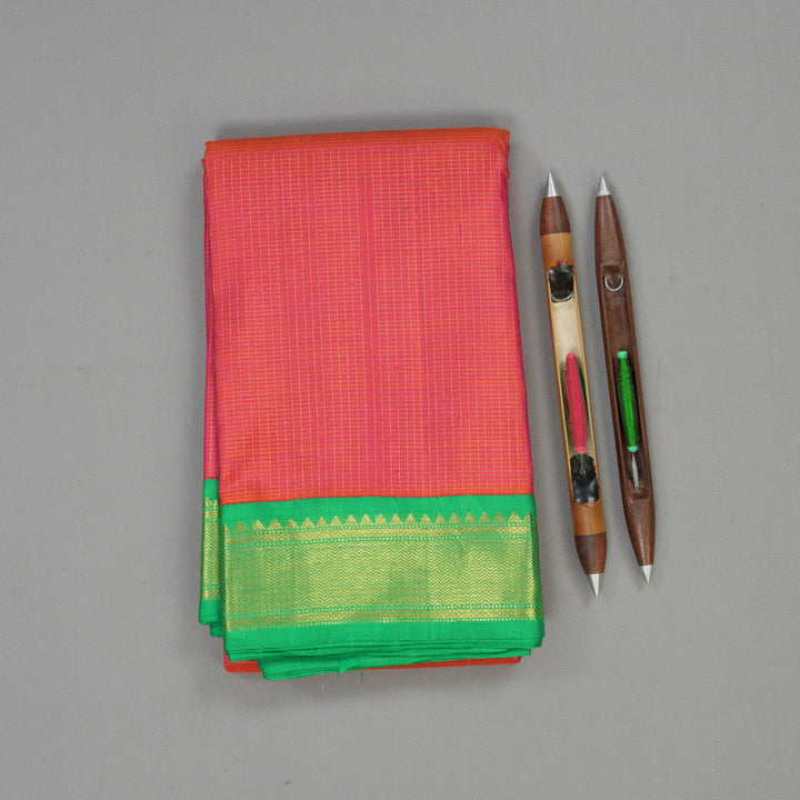 Hayagrivas Handloom Orangish Pink Kanjivaram Silk Saree with Green border KBD1729A3-1