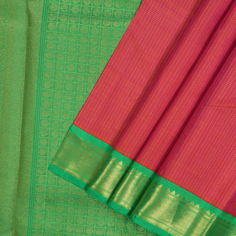 Hayagrivas Handloom Orangish Pink Kanjivaram Silk Saree with Green border KBD1729A3-1