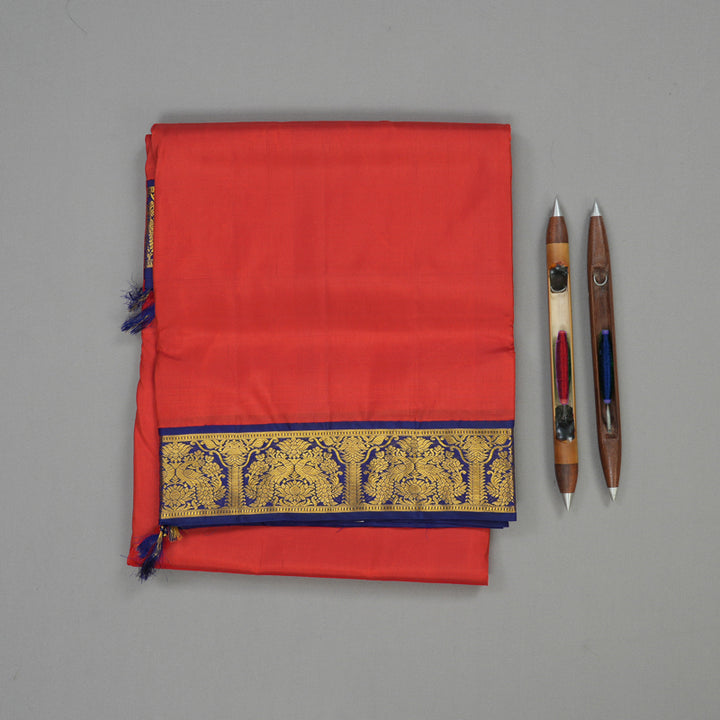 Hayagrivas Handloom Red Ten Yards Kanjivaram Silk Saree with Midnight Blue Border KBD1732A1-1