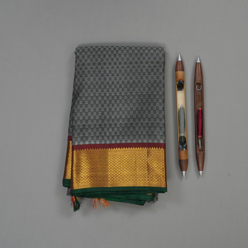 Hayagrivas Handloom Black & Grey (Carpet Checks) Kanjivaram Silk Saree with Wine Maroon Border KBD1735A2-1