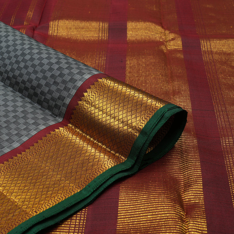 Hayagrivas Handloom Black & Grey (Carpet Checks) Kanjivaram Silk Saree with Wine Maroon Border KBD1735A2-1