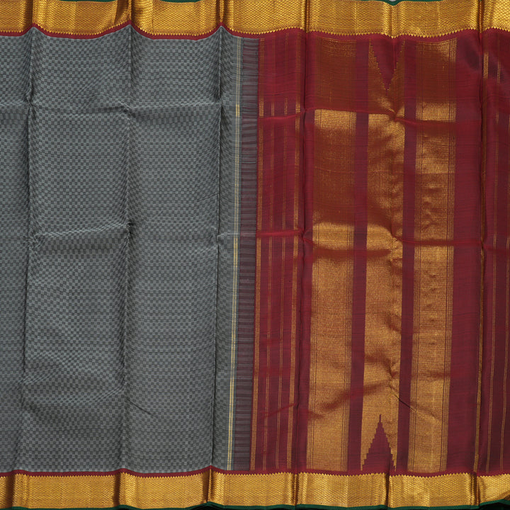 Hayagrivas Handloom Black & Grey (Carpet Checks) Kanjivaram Silk Saree with Wine Maroon Border KBD1735A2-1